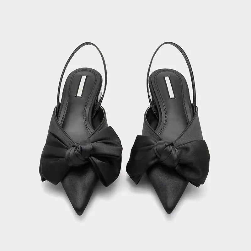 🎀 Satin Bow-Embellished Pointed-Toe Slingback Flats – Elegant & Chic Women's Shoes