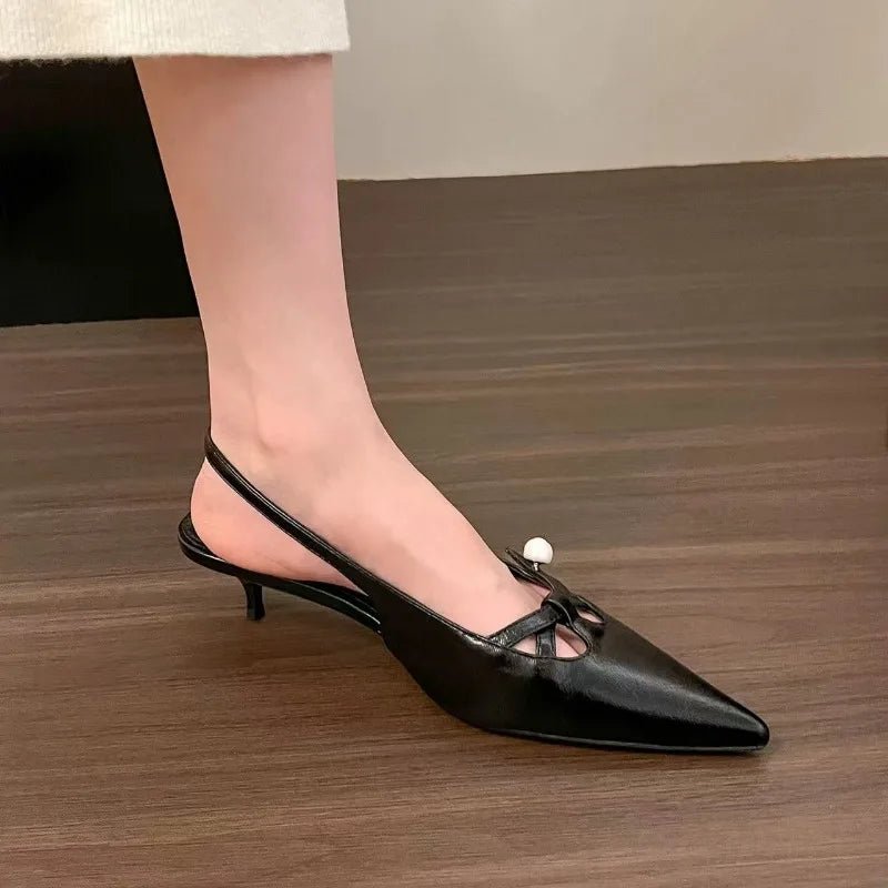 Elegant Pearl-Embellished Pointed-Toe Slingback Kitten Heels – Women’s Fashionable Low Heels