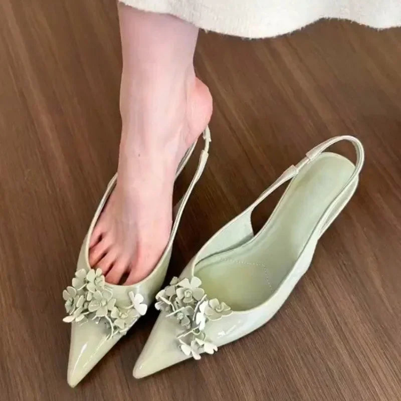 Floral-Embellished Pointed-Toe Slingback Kitten Heels – Elegant Low-Heel Shoes for Women