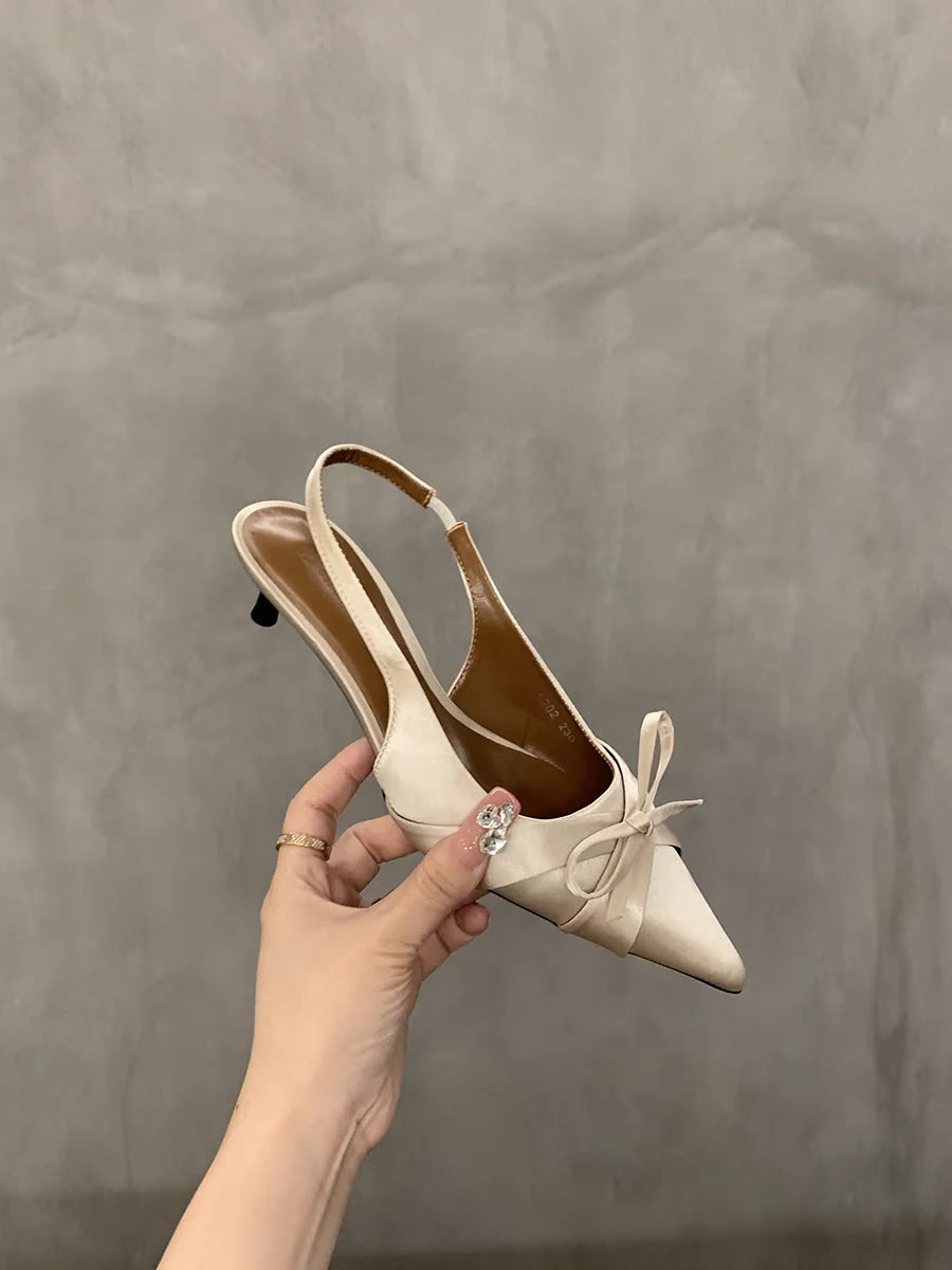 Elegant Bow-Embellished Pointed-Toe Slingback Kitten Heels – Chic and Comfortable Women's Shoes