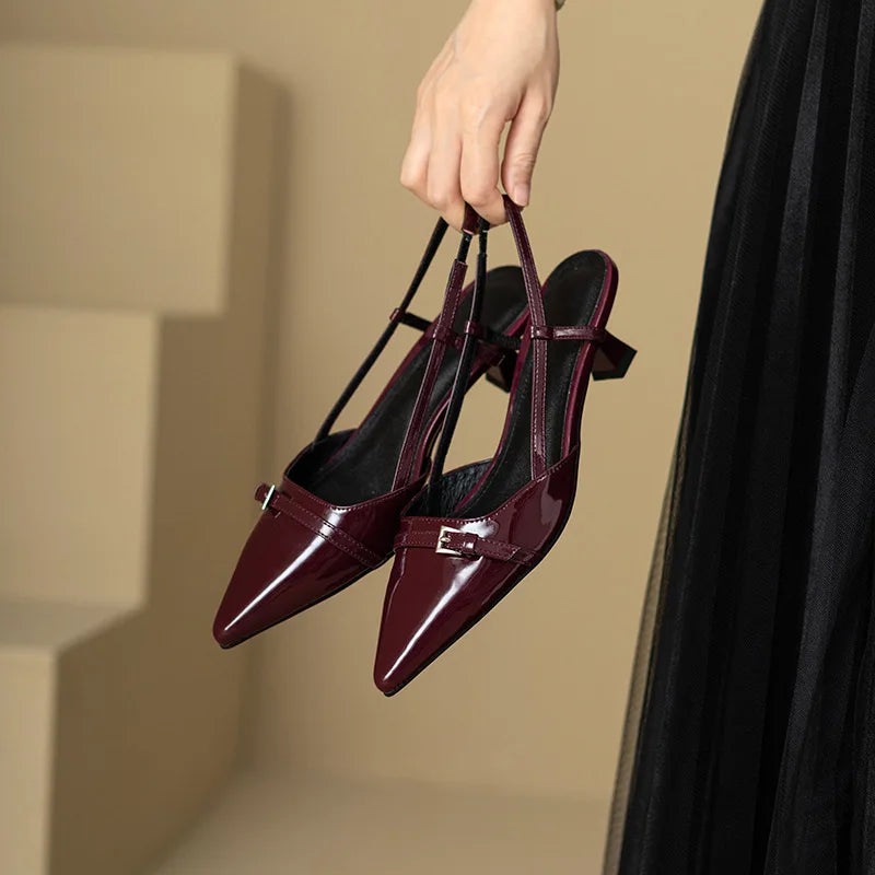 Glossy Patent Leather Pointed-Toe Slingback Block Heels – Chic & Elegant Women's Shoes