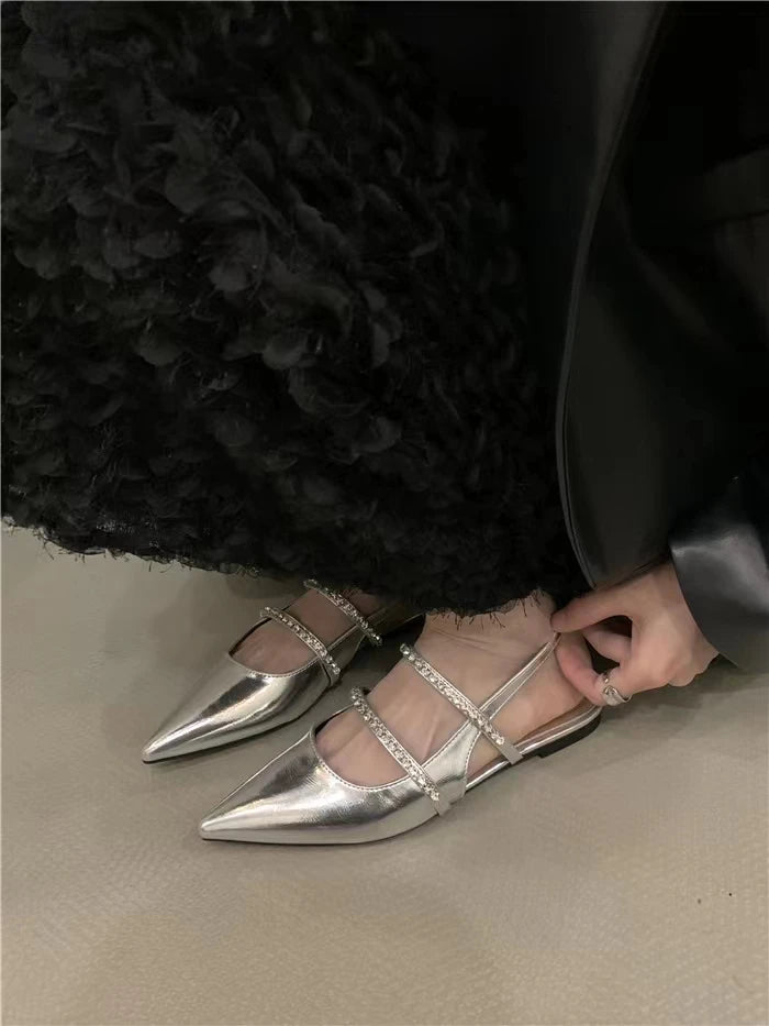 Elegant Rhinestone Double-Strap Pointed-Toe Slingback Flats – Chic & Stylish Women's Shoes