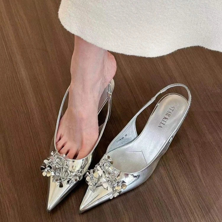 Floral-Embellished Pointed-Toe Slingback Kitten Heels – Elegant Low-Heel Shoes for Women