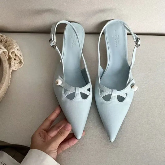 Elegant Pearl-Embellished Pointed-Toe Slingback Kitten Heels – Women’s Fashionable Low Heels