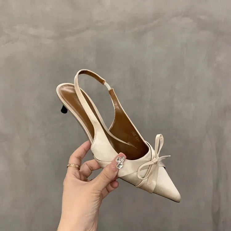 Elegant Bow-Embellished Pointed-Toe Slingback Kitten Heels – Chic and Comfortable Women's Shoes