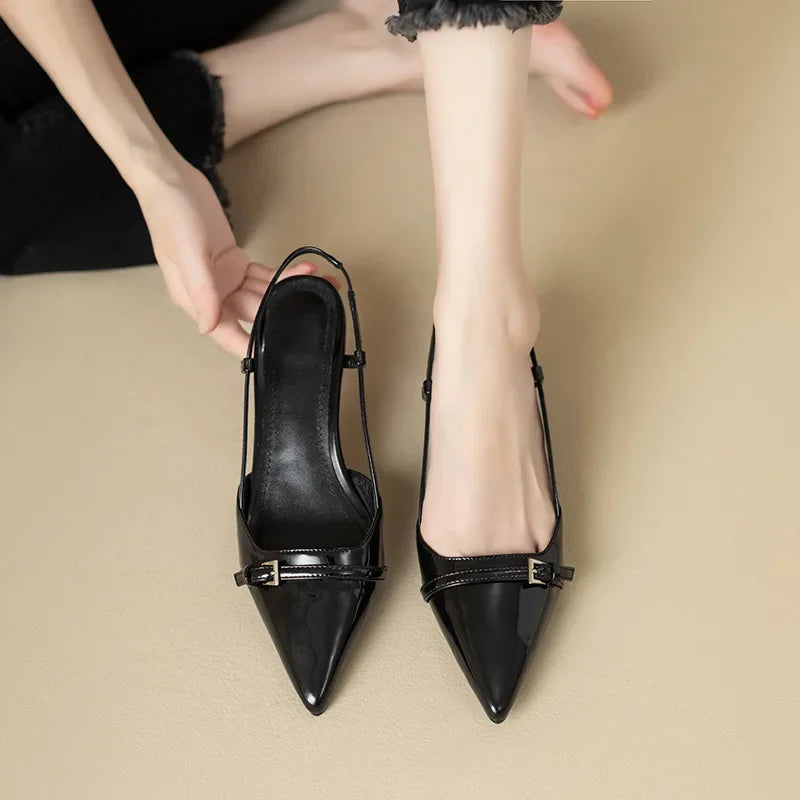 Glossy Patent Leather Pointed-Toe Slingback Block Heels – Chic & Elegant Women's Shoes