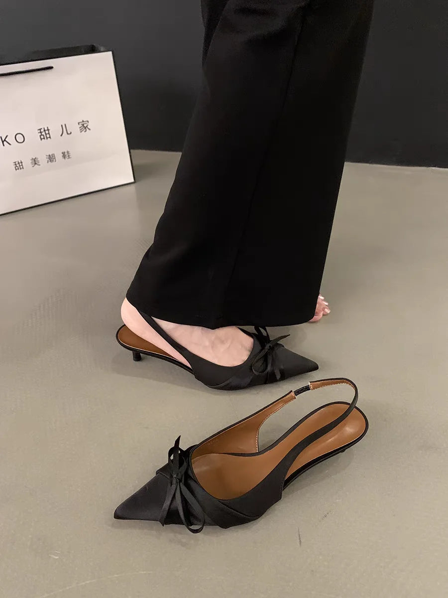 Elegant Bow-Embellished Pointed-Toe Slingback Kitten Heels – Chic and Comfortable Women's Shoes