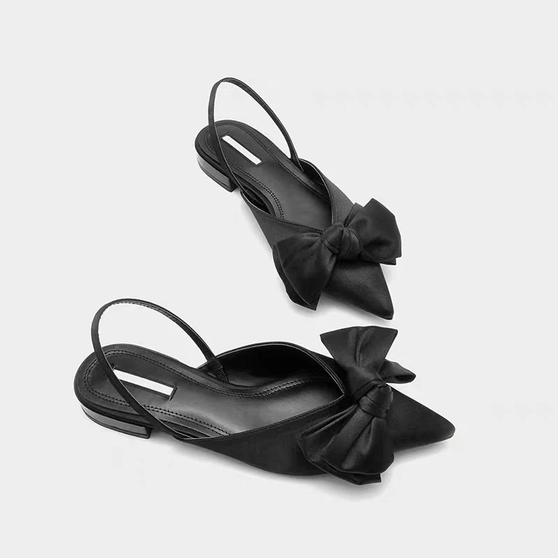 🎀 Satin Bow-Embellished Pointed-Toe Slingback Flats – Elegant & Chic Women's Shoes