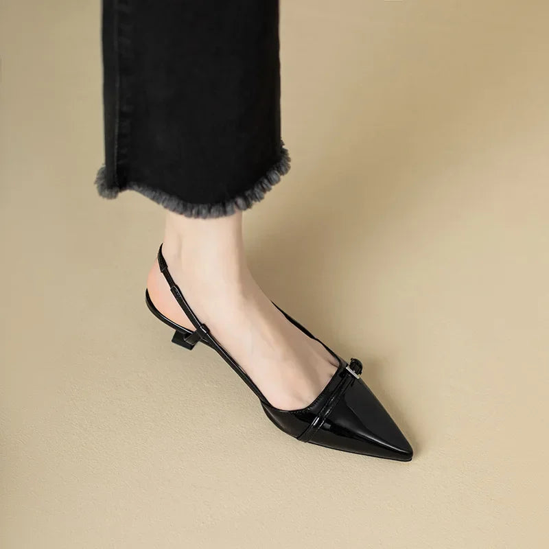 Glossy Patent Leather Pointed-Toe Slingback Block Heels – Chic & Elegant Women's Shoes