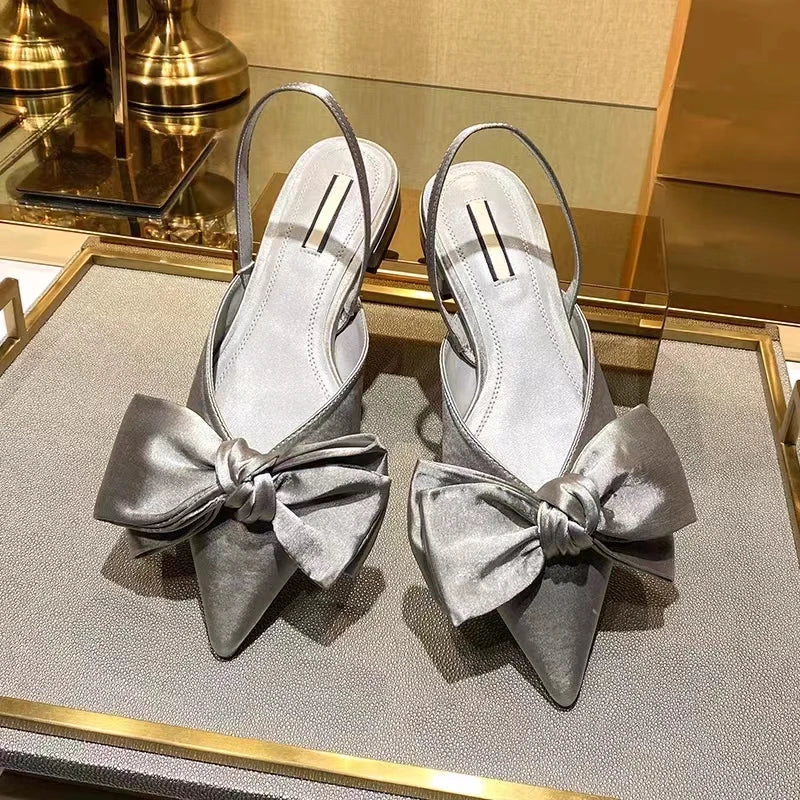 🎀 Satin Bow-Embellished Pointed-Toe Slingback Flats – Elegant & Chic Women's Shoes