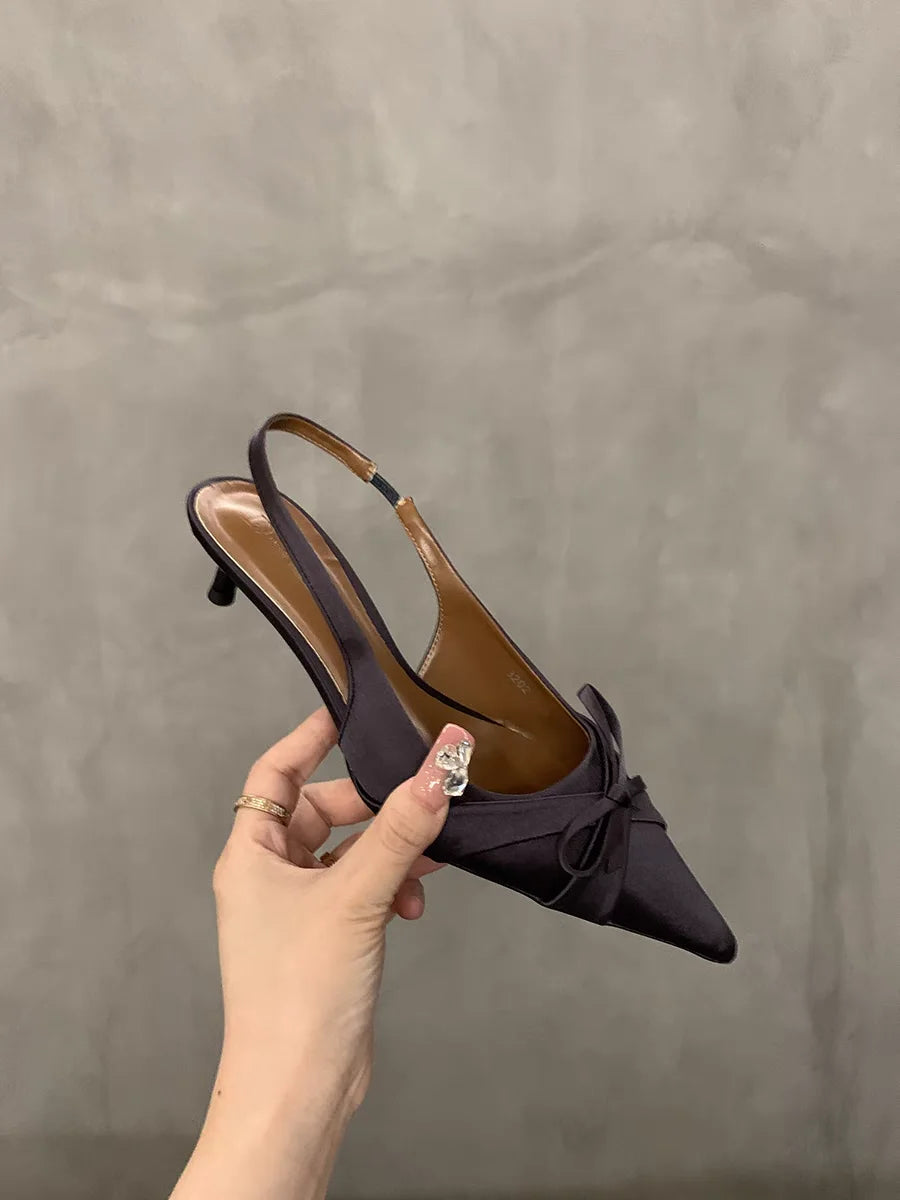 Elegant Bow-Embellished Pointed-Toe Slingback Kitten Heels – Chic and Comfortable Women's Shoes