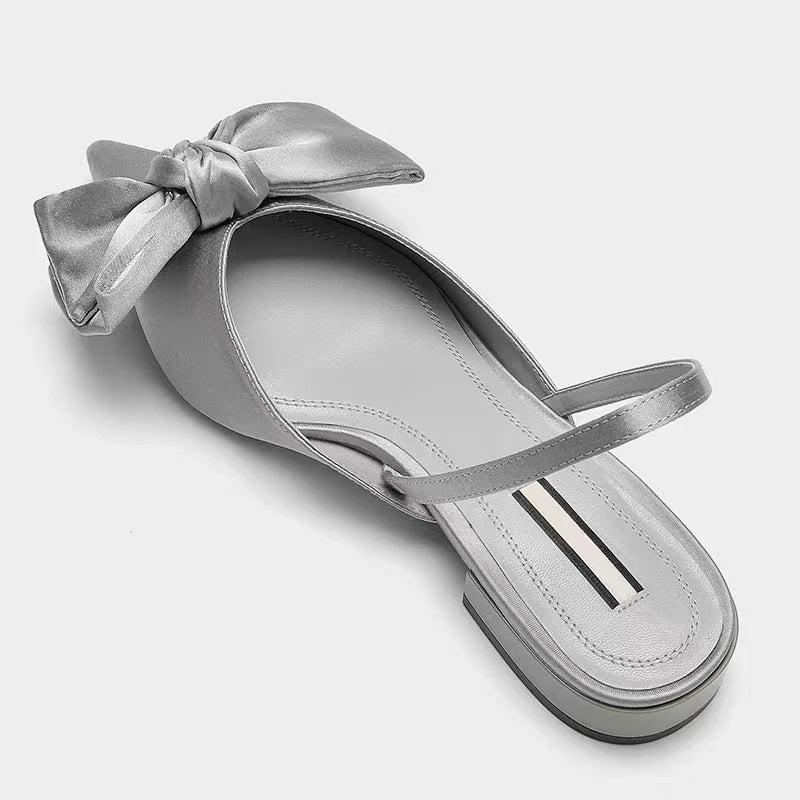 🎀 Satin Bow-Embellished Pointed-Toe Slingback Flats – Elegant & Chic Women's Shoes