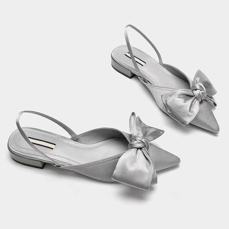 🎀 Satin Bow-Embellished Pointed-Toe Slingback Flats – Elegant & Chic Women's Shoes