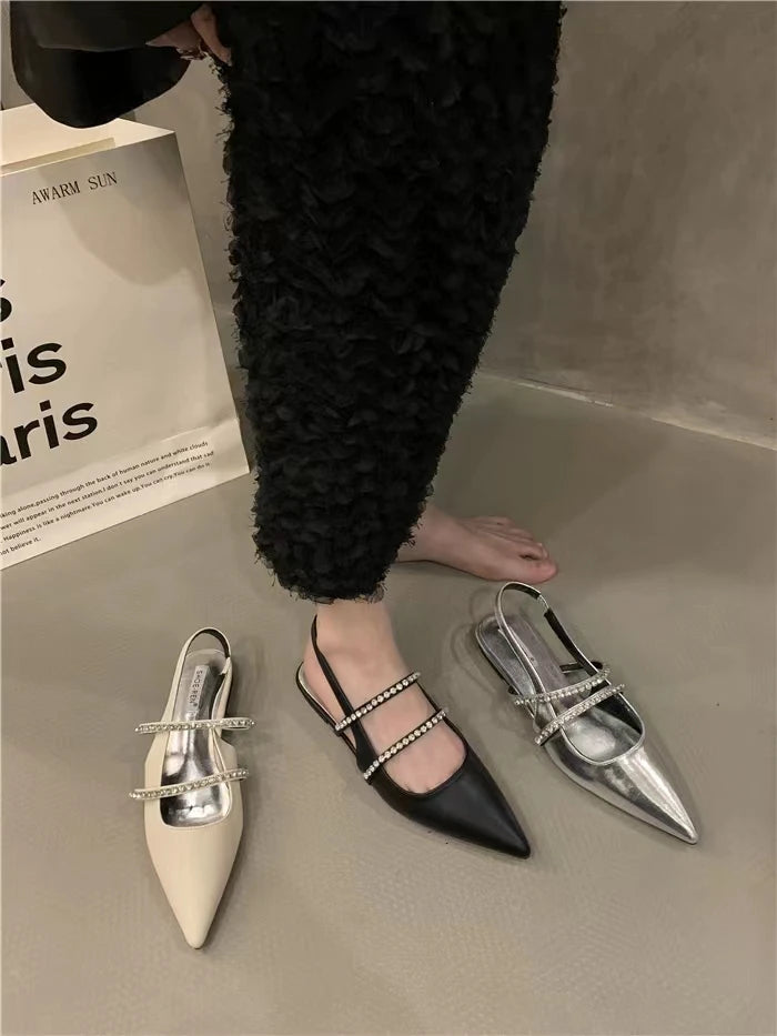 Elegant Rhinestone Double-Strap Pointed-Toe Slingback Flats – Chic & Stylish Women's Shoes